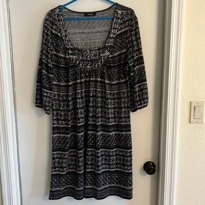 Black & Gray Patterned Scoop Neck Dress with Embellished Yoke